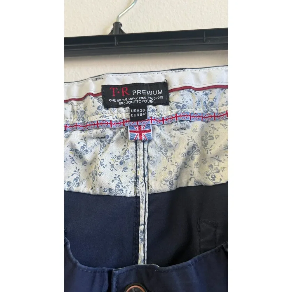 T R Premium Mens Pants 38x32 Navy Blue Tailored Recreation Straight Chino
